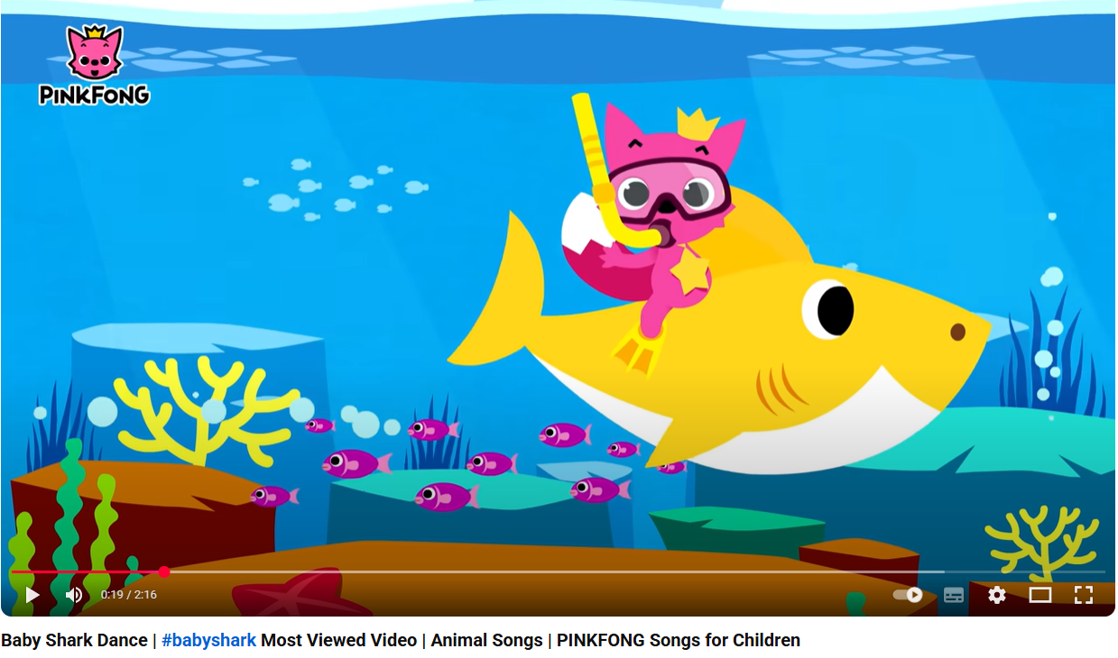 Screenshot from Pinkfong’s Baby Shark Dance video showing the pink fox riding a yellow shark underwater, used to show the most viewed YouTube video.