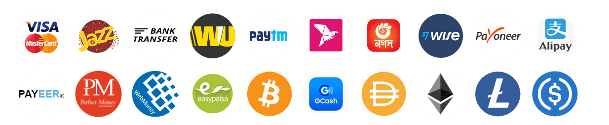 Visa/Master/Credit Card,Crypto Currency,payeer,perfectmoney,payoneer,jazzcash/easypaisa, Gcash,Paytm, Bkash, Nagad, Webmoney, Ali Pay, wise, western union