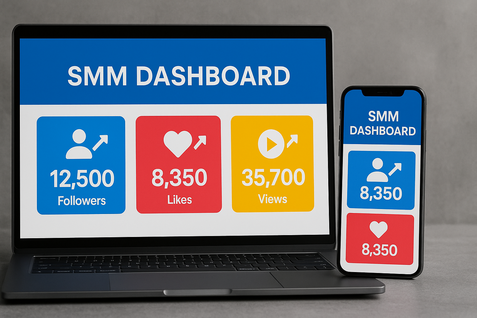 Computador e celular exibindo painel SMM com opções de seguidores, curtidas e visualizações