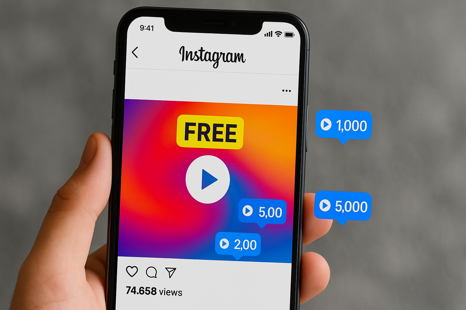 Celular mostrando vídeo no Instagram recebendo visualizações grátis para aumentar alcance e engajamento