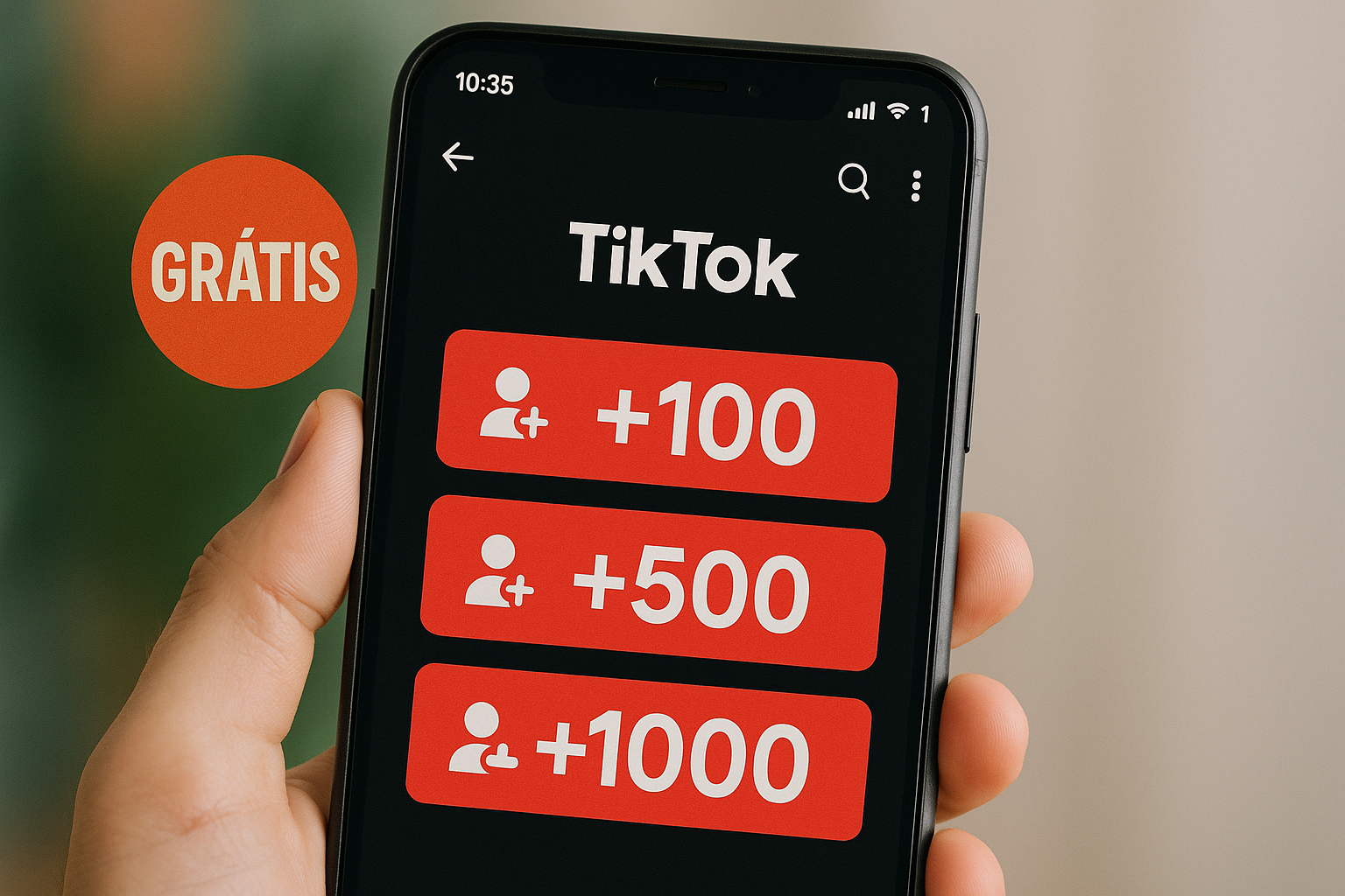 Smartphone mostrando perfil do TikTok recebendo seguidores grátis em grande quantidade