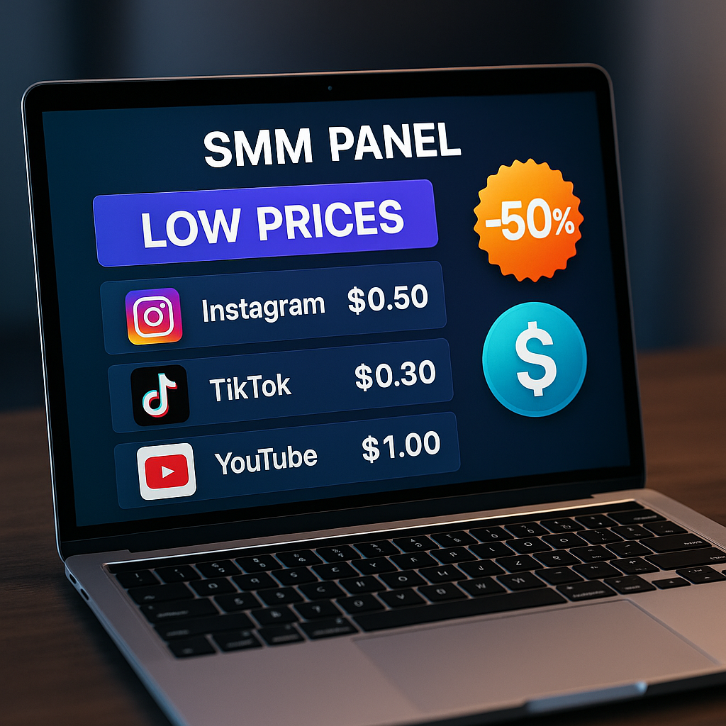Computador mostrando painel SMM com opções de seguidores, curtidas e visualizações a preços baixos