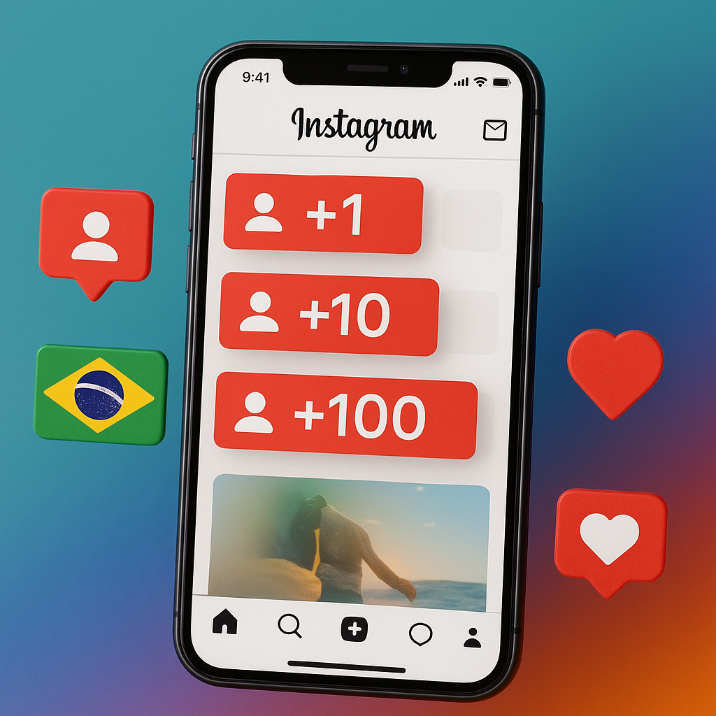 Comprar seguidores brasileiros reais no Instagram Celular mostrando perfil do Instagram recebendo seguidores brasileiros com foco em autenticidade e engajamento