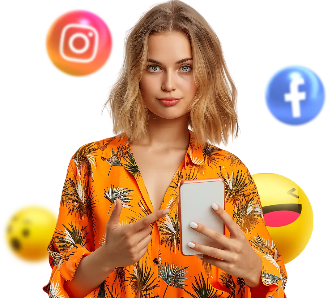 Woman holding phone with social media icons
