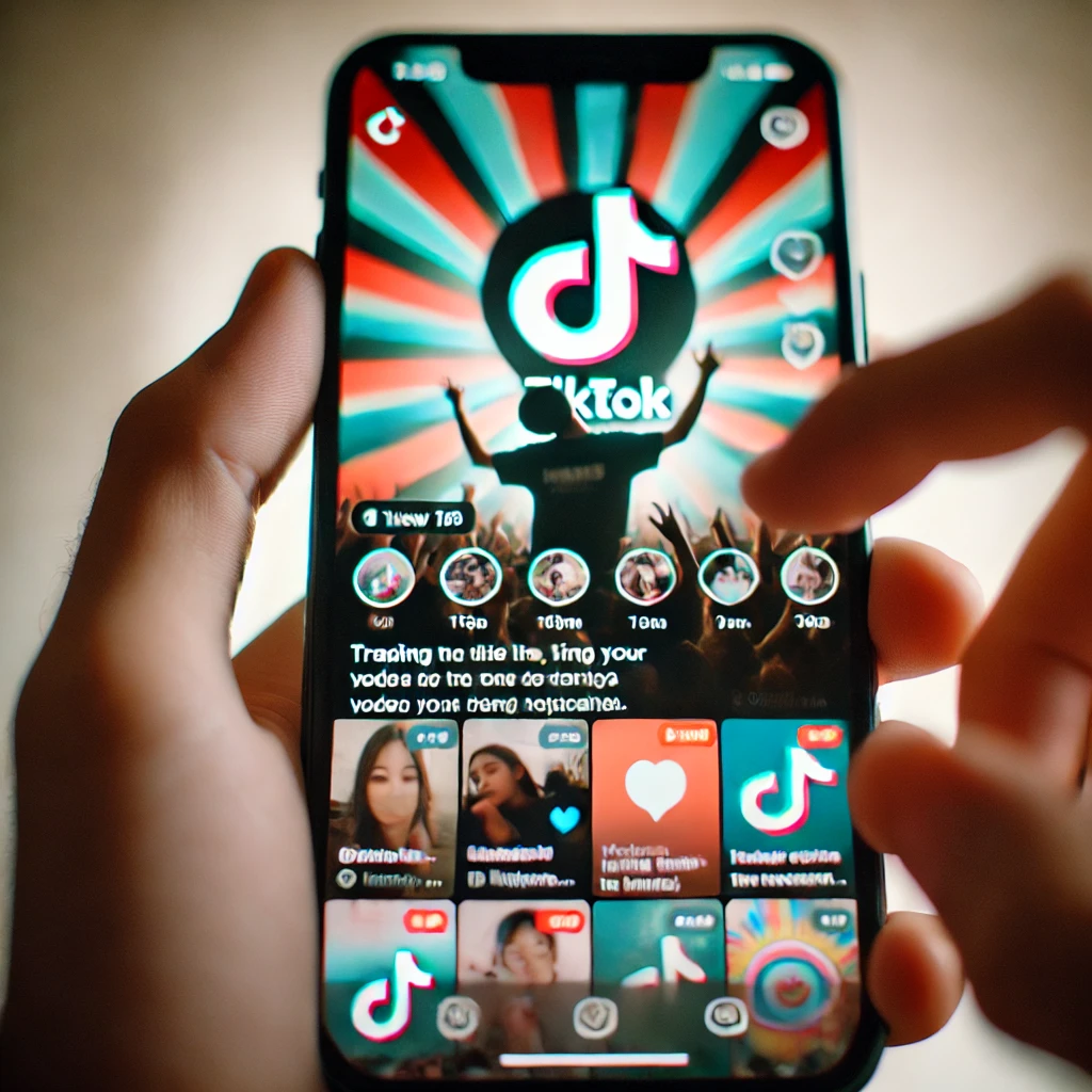 หน้าจอโทรศัพท์มือถือแสดงวิดีโอ TikTok ที่มียอดวิวสูงและมีผู้ชมกดหัวใจ