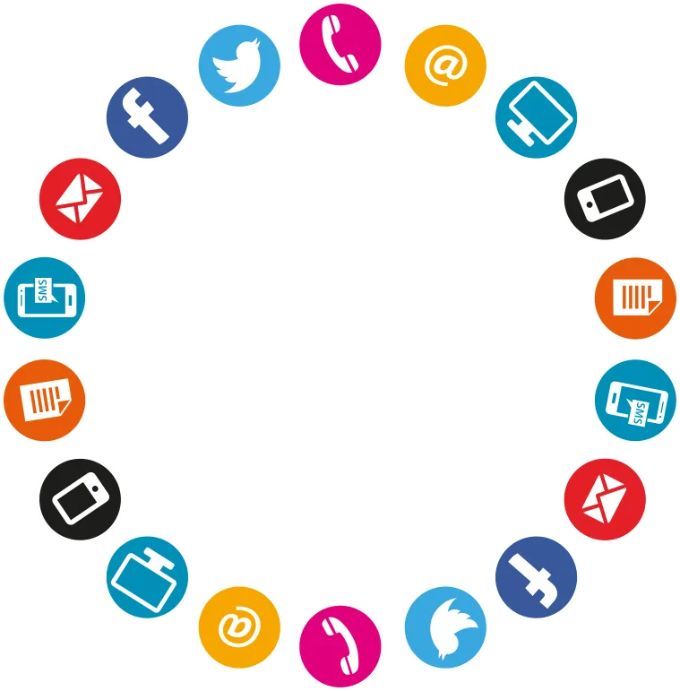 Illustration of a digital marketer managing multiple social media dashboards surrounded by icons of platforms like Facebook, Twitter, Email, SMS, and more.