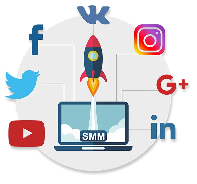 Illustration showing a rocket launching from a laptop labeled SMM, surrounded by social media icons like Facebook, Instagram, Twitter, LinkedIn, and YouTube — representing social media marketing growth.