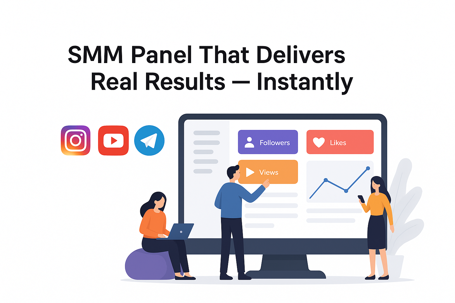 Flat-style illustration showing social media platform APIs for Instagram, YouTube, Telegram, and reseller automation for SMM panel