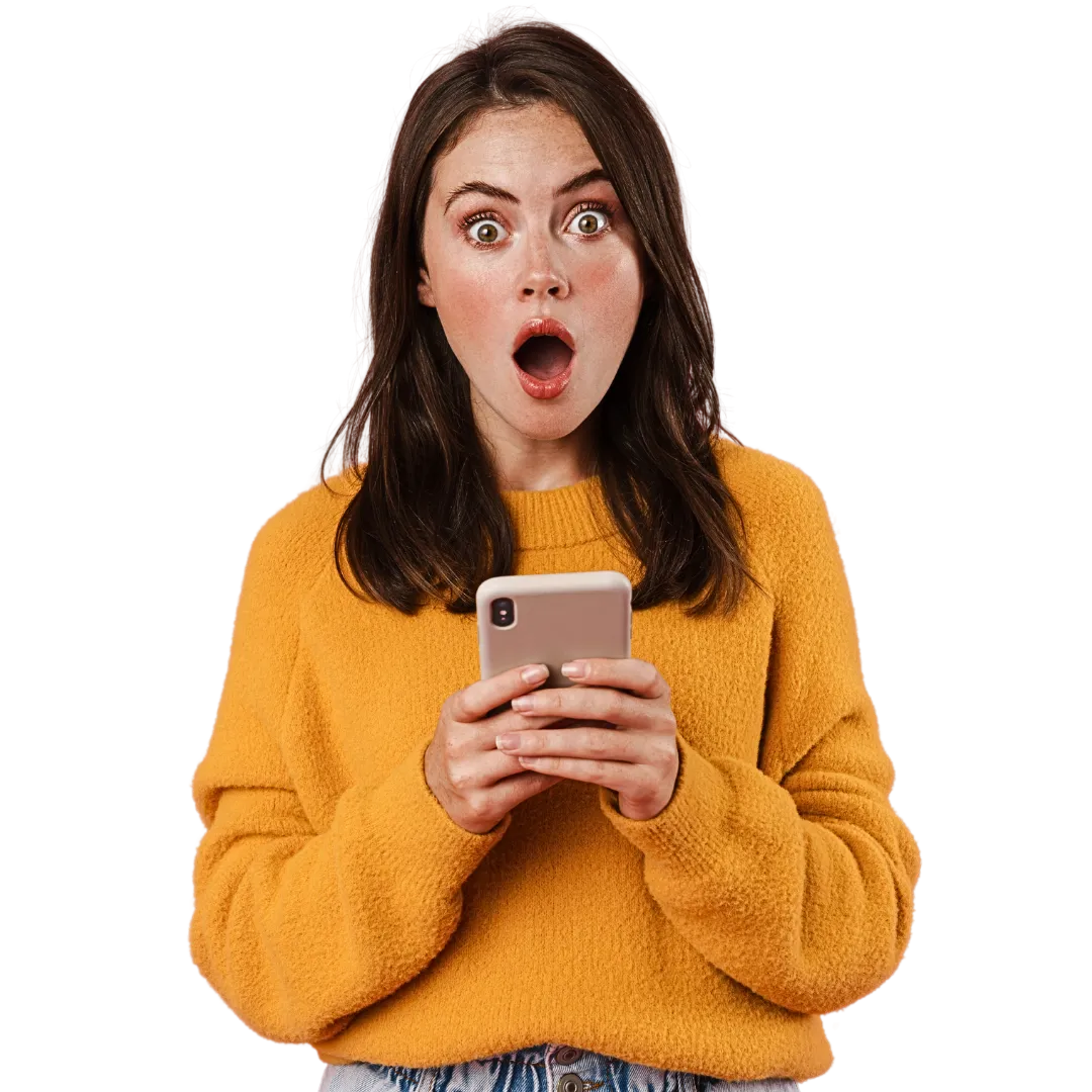 Shocked woman holding smartphone with floating social media icons around her and text promoting SmmBazzar, India’s cheapest and fastest SMM panel offering services from ₹0.01/K, 24/7 support, API ready.