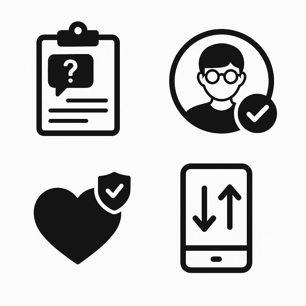 Minimal flat-style icons representing support, security, pricing, and speed features of an SMM pane