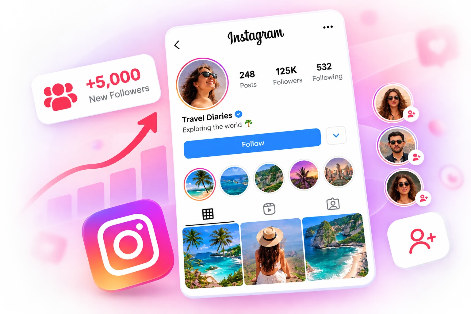 Illustration of an Instagram profile with 248 posts, 125K followers and 532 following, alongside a new followers indicator