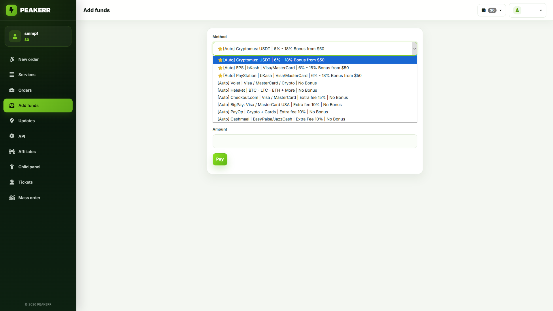 Screenshot: The Peakerr order dashboard