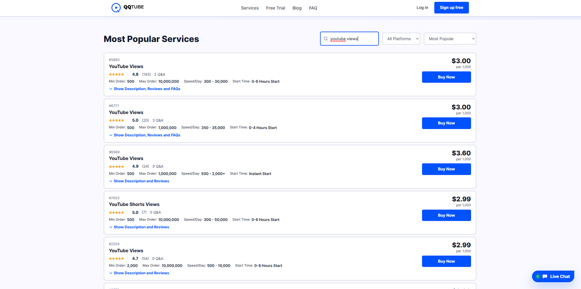 QQTube service options and order form