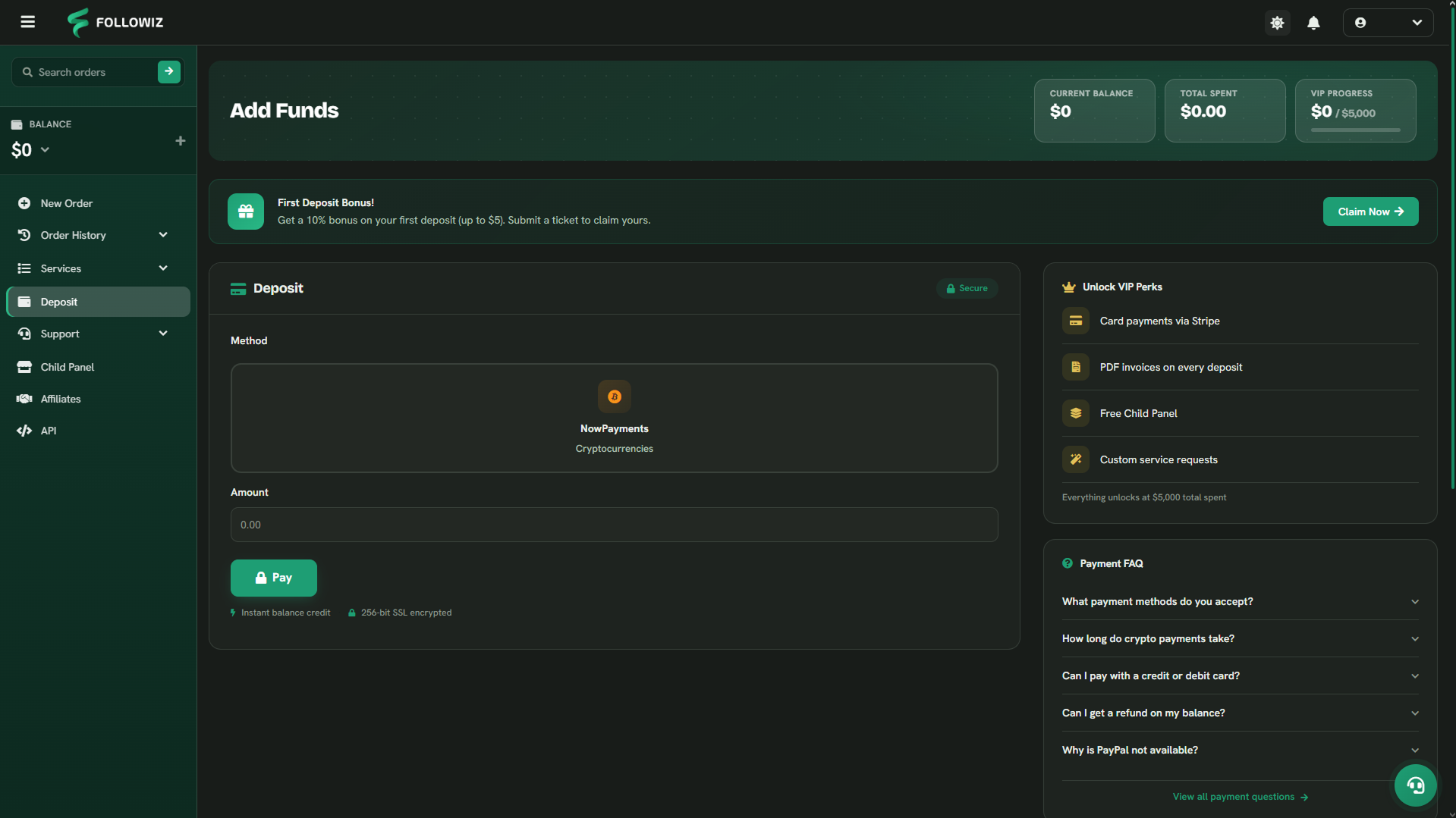 Screenshot: The Followiz order dashboard