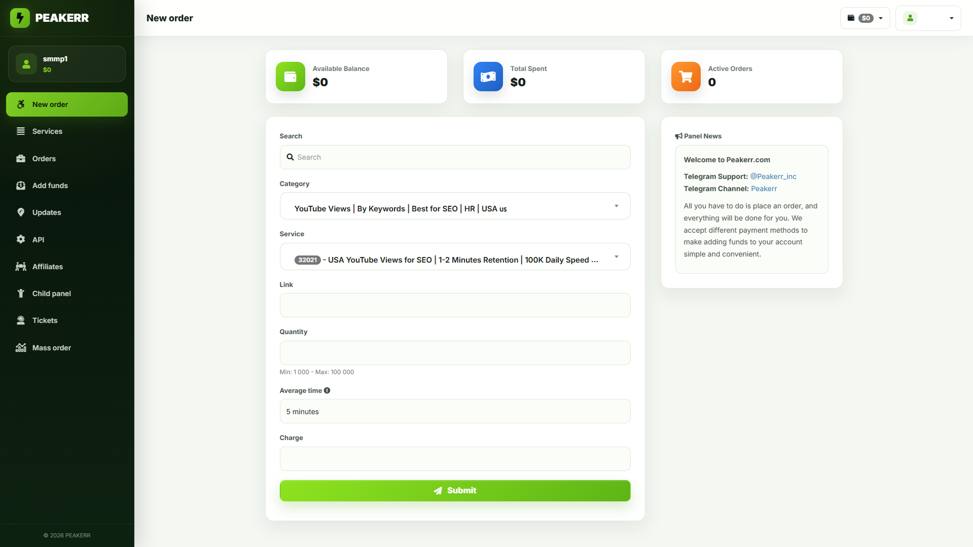 Screenshot: Placing an order on Peakerr
