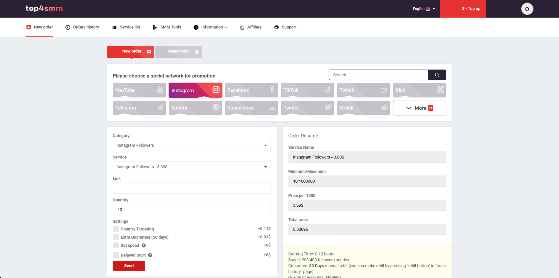 Screenshot: Top4SMM dashboard