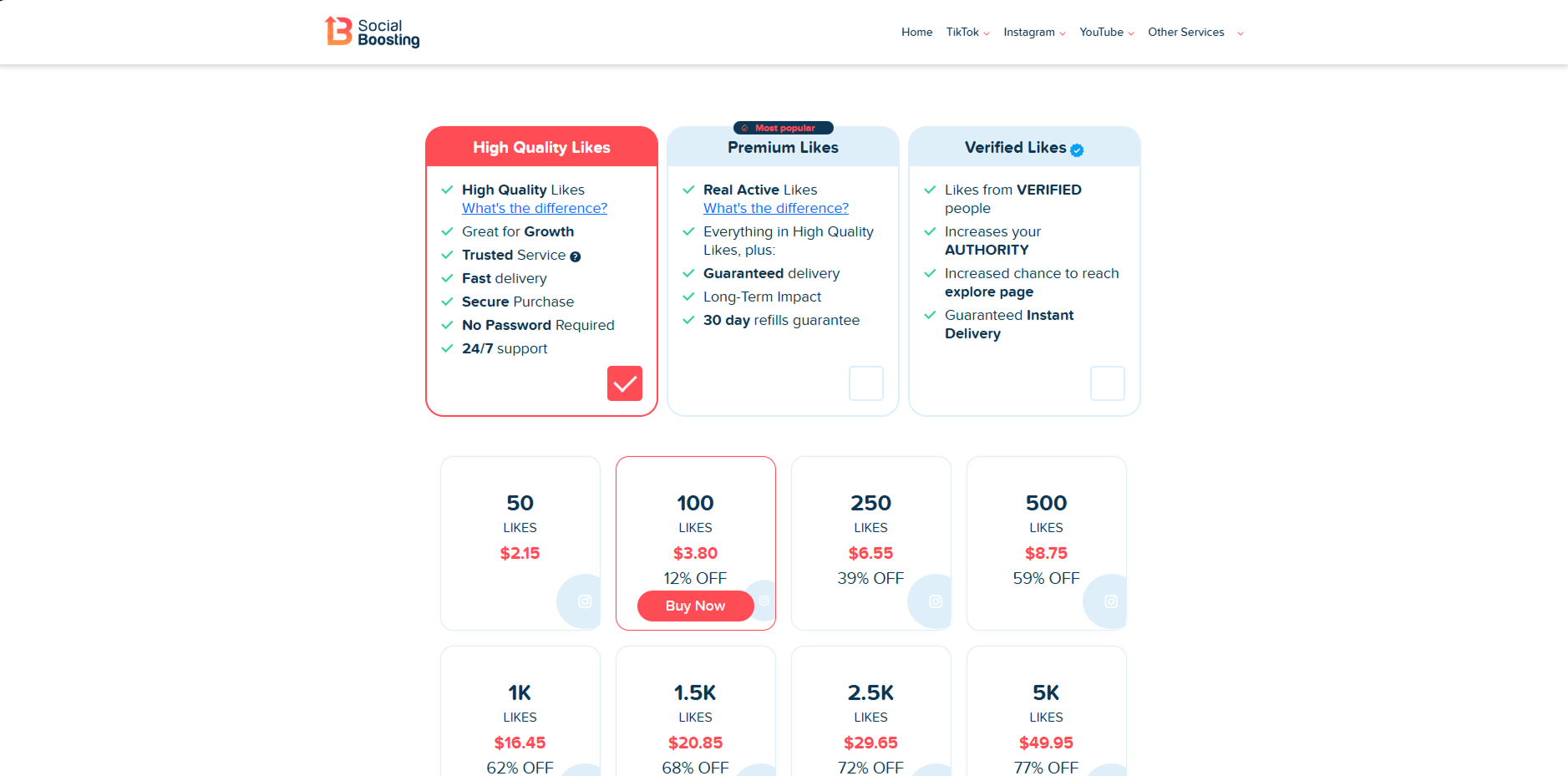 Screenshot: SocialBoosting service page
