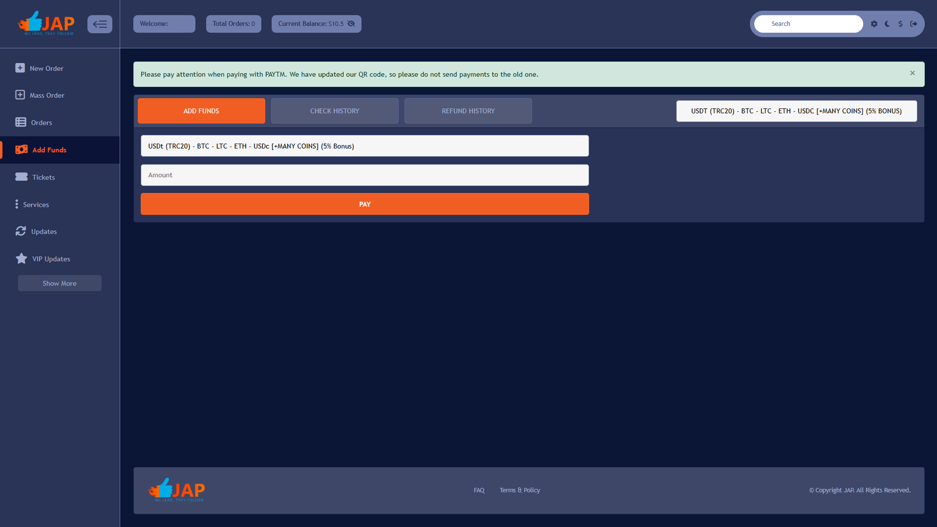 Screenshot: Depositing funds at checkout on JustAnotherPanel