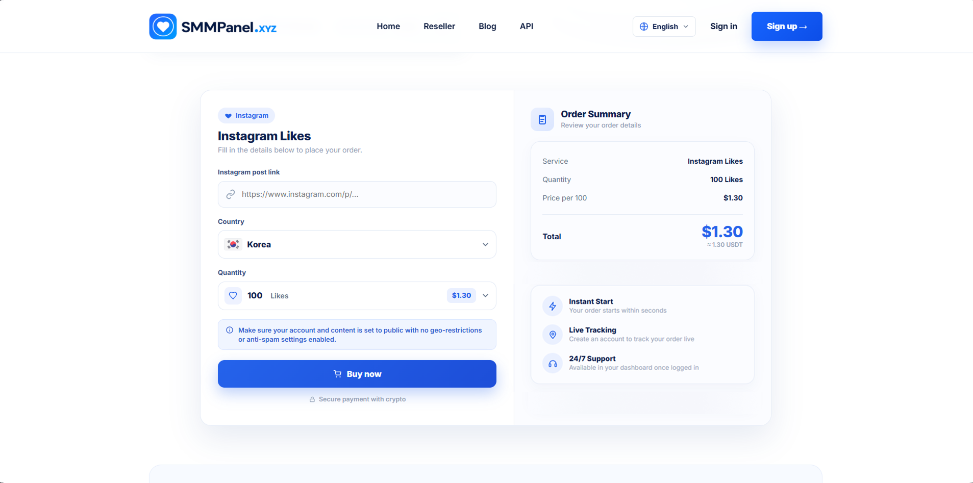 Screenshot: SMMPanel order process