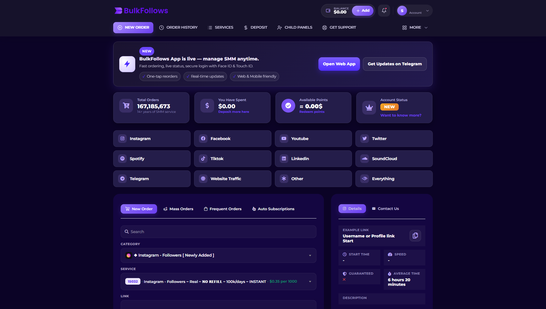 Screenshot: BulkFollows Order Page