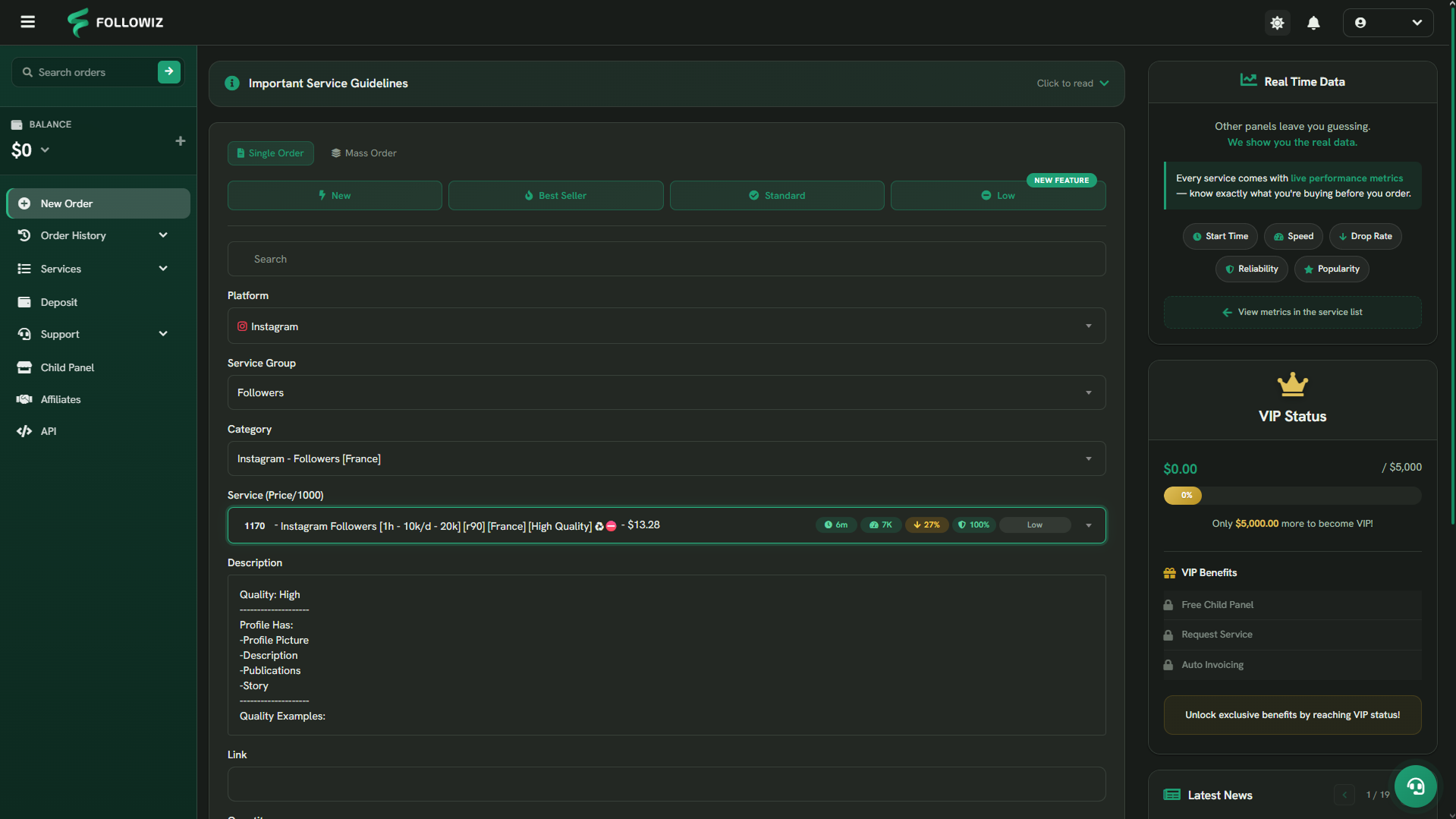 Followiz order test screenshot