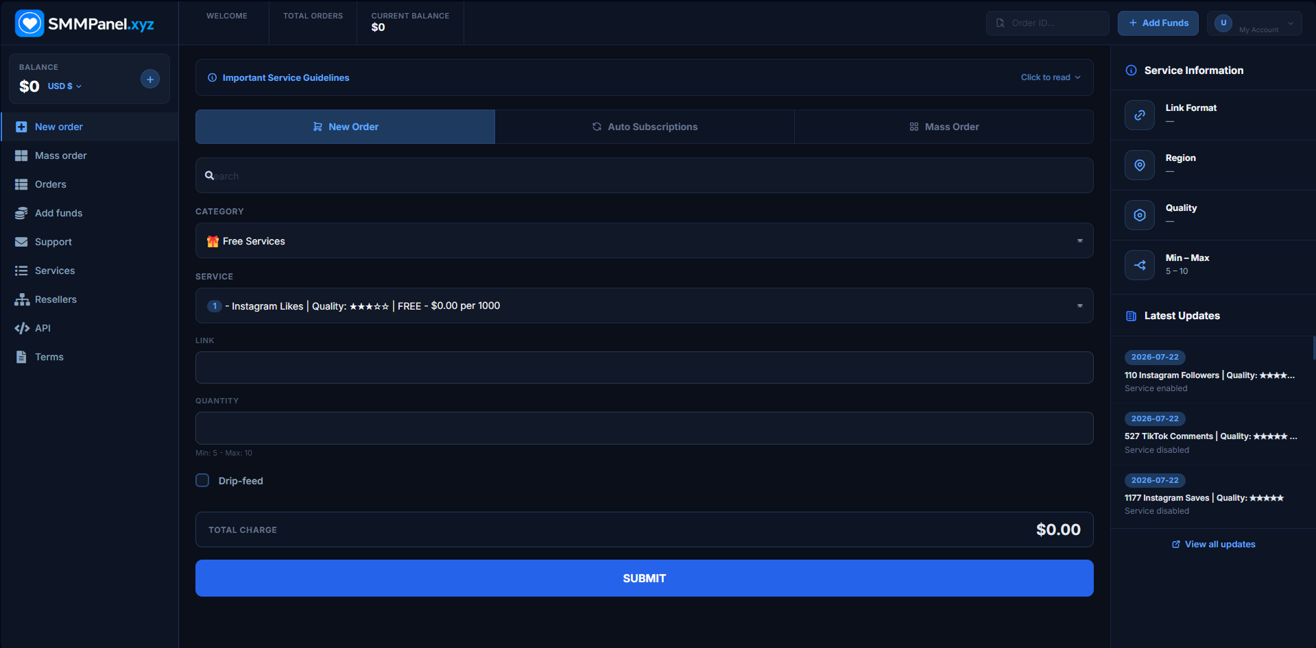 Screenshot: SMMPanel services