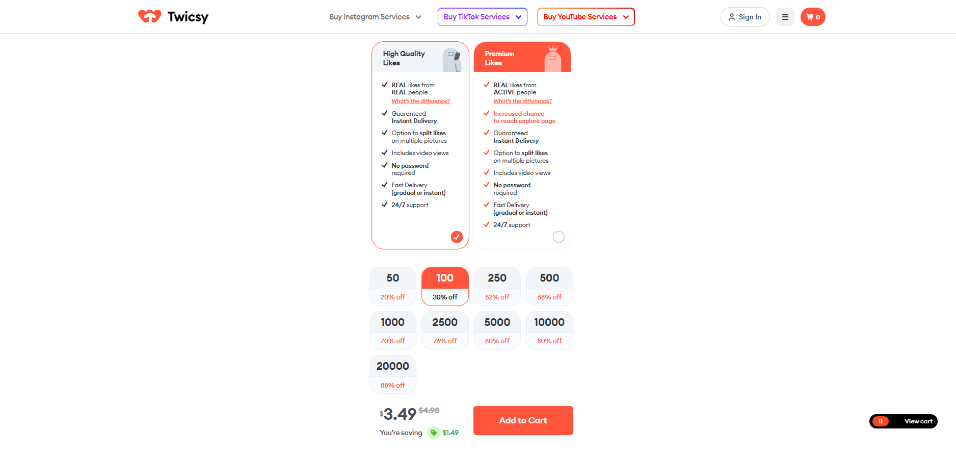 Screenshot: Twicsy service page