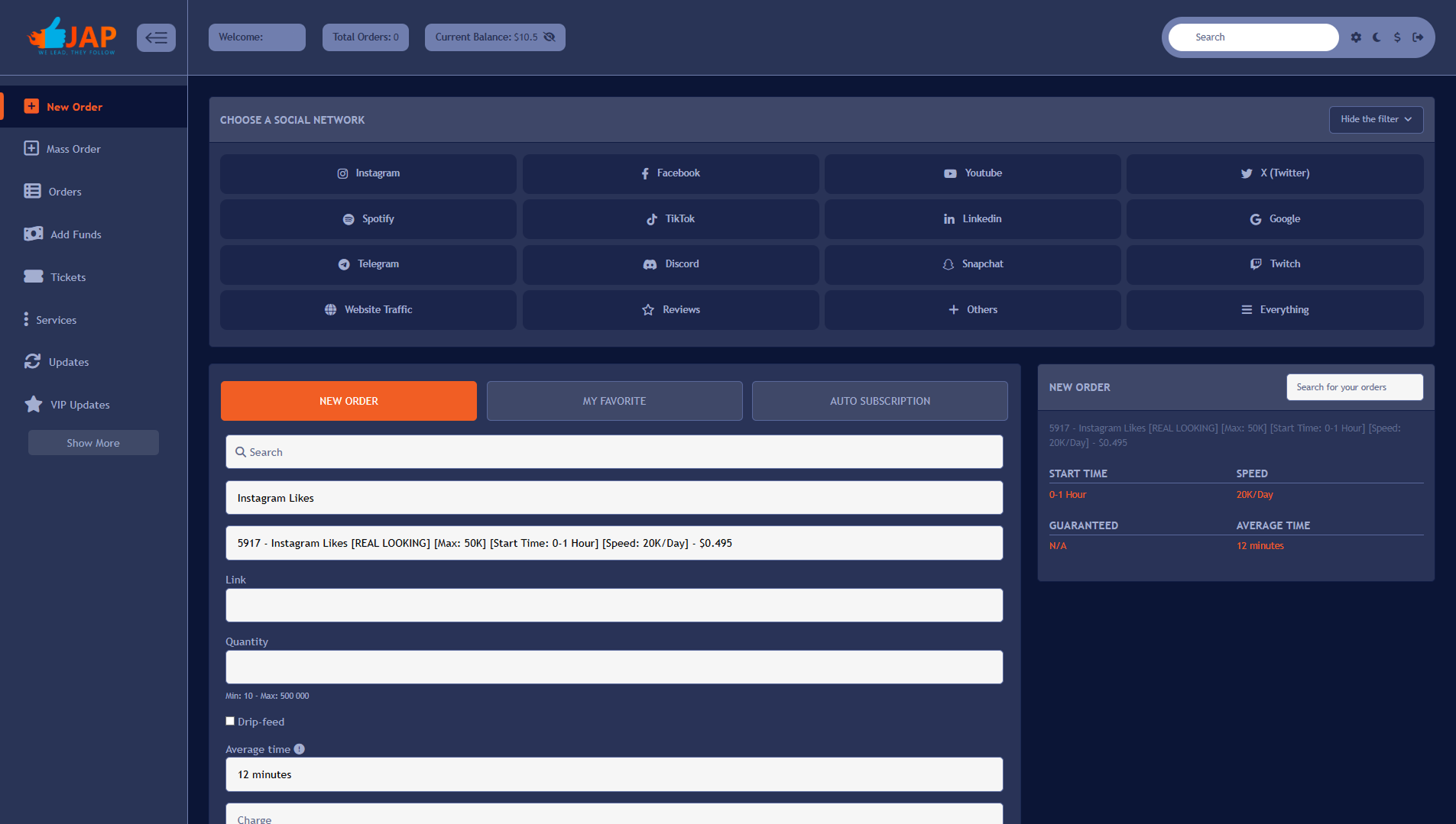 Screenshot: Placing an order on JustAnotherPanel
