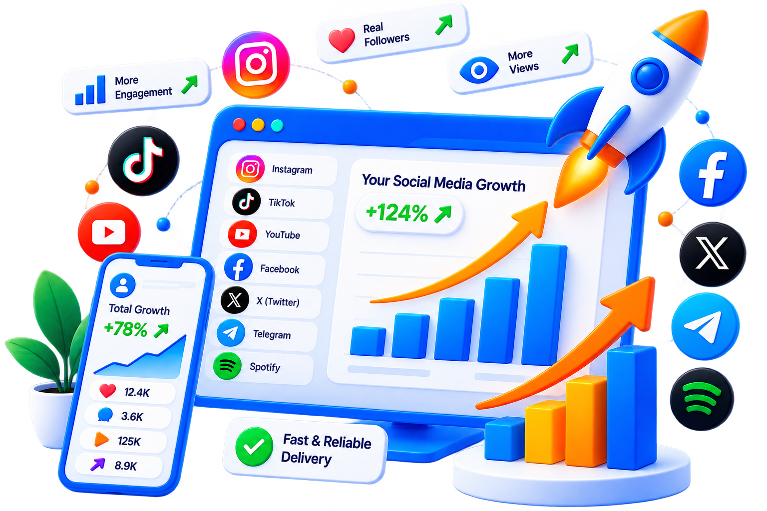 Image depicting successful social media marketing strategies: A smartphone displays Instagram, TikTok, Facebook, and Twitter icons with rising arrows and hearts, symbolizing audience growth. Diverse silhouettes of connected entrepreneurs and customers illustrate engagement and community. Upward-trending graphics and highlighted text like ‘From Scrolls to Sales’ reflect measurable results. Ideal for businesses looking to increase their online presence with RRDigital360.