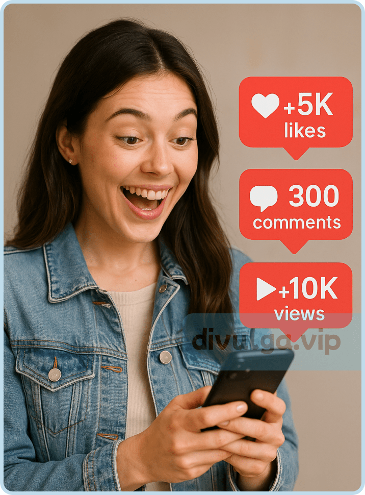 Mulher feliz olhando o celular e ganhando curtidas, views e comentários Mulher feliz olhando o celular e ganhando curtidas, views e comentários