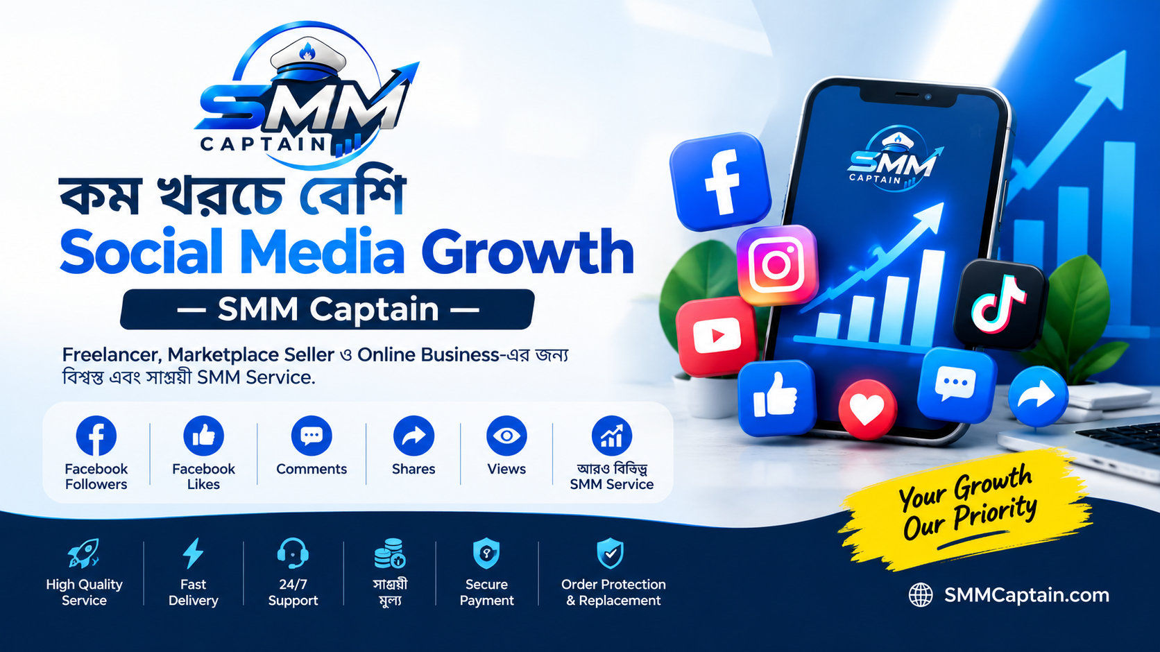 কম খরচে বেশি Social Media Growth — Freelancer ও Online Business-এর জন্য SMM Captain