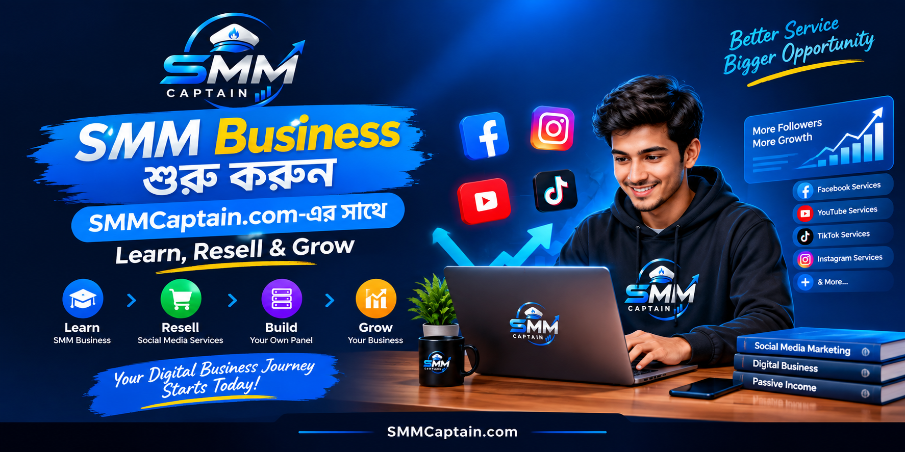 SMM Business শুরু করুন SMMCaptain.com-এর সাথে — Learn, Resell & Grow