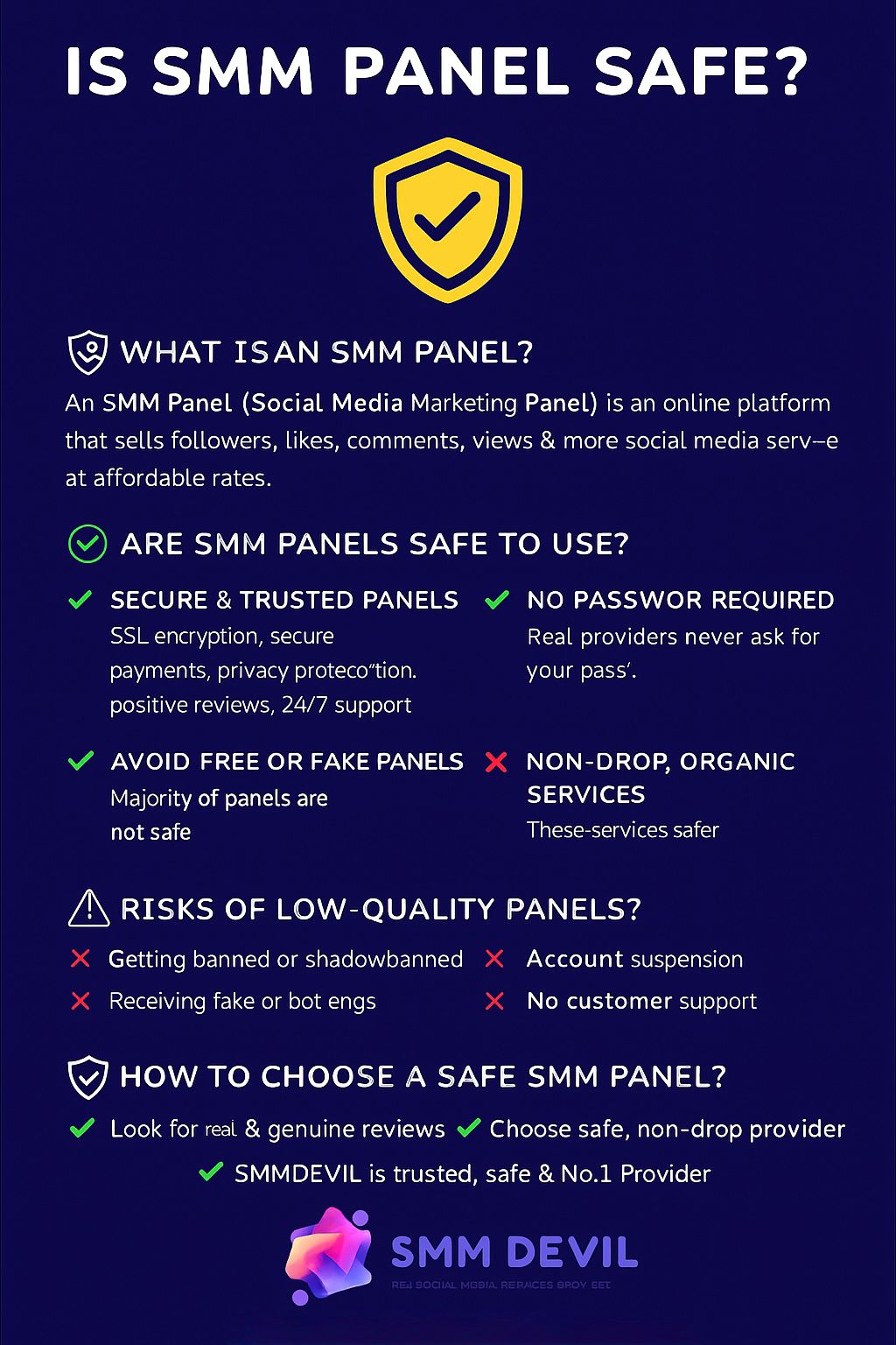 Is SMM Panel Safe? A Complete SEO Guide for 2025 A digital infographic by SMMDEVIL answers the question “Is SMM Panel Safe?” with a purple background and yellow shield icon. It explains what an SMM panel is, highlights safety tips like choosing secure, trusted providers, avoiding fake panels, and ensuring no password is required. It also lists risks of low-quality panels (like bans, fake engagement, and lack of support) and offers tips for choosing a safe panel. The SMMDEVIL logo and URL are displayed at the bottom, encouraging users to join a trusted SMM provider.