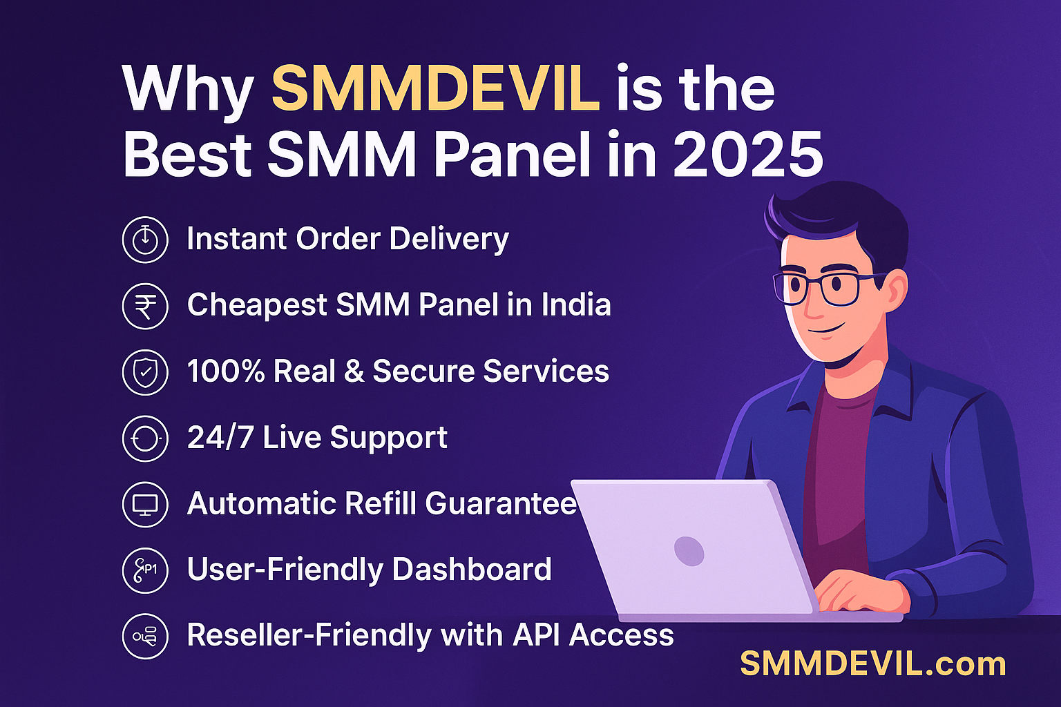🚀 Why SMMDEVIL is the Best SMM Panel for Social Media Growth in 2025 Promotional graphic for SMMDEVIL.com showcasing its top features as the best SMM panel in 2025, including instant order delivery, lowest prices, 100% secure services, 24/7 support, auto-refill, user-friendly dashboard, and reseller API access, with an illustrated character using a laptop on a purple background.
