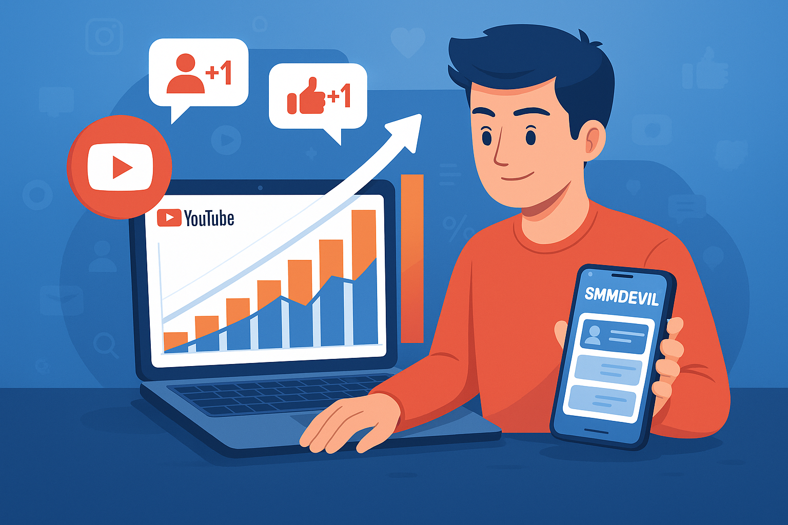 A young male YouTuber using SMMDEVIL services on his smartphone while monitoring YouTube growth analytics on a laptop, surrounded by like and subscriber icons in a modern flat design