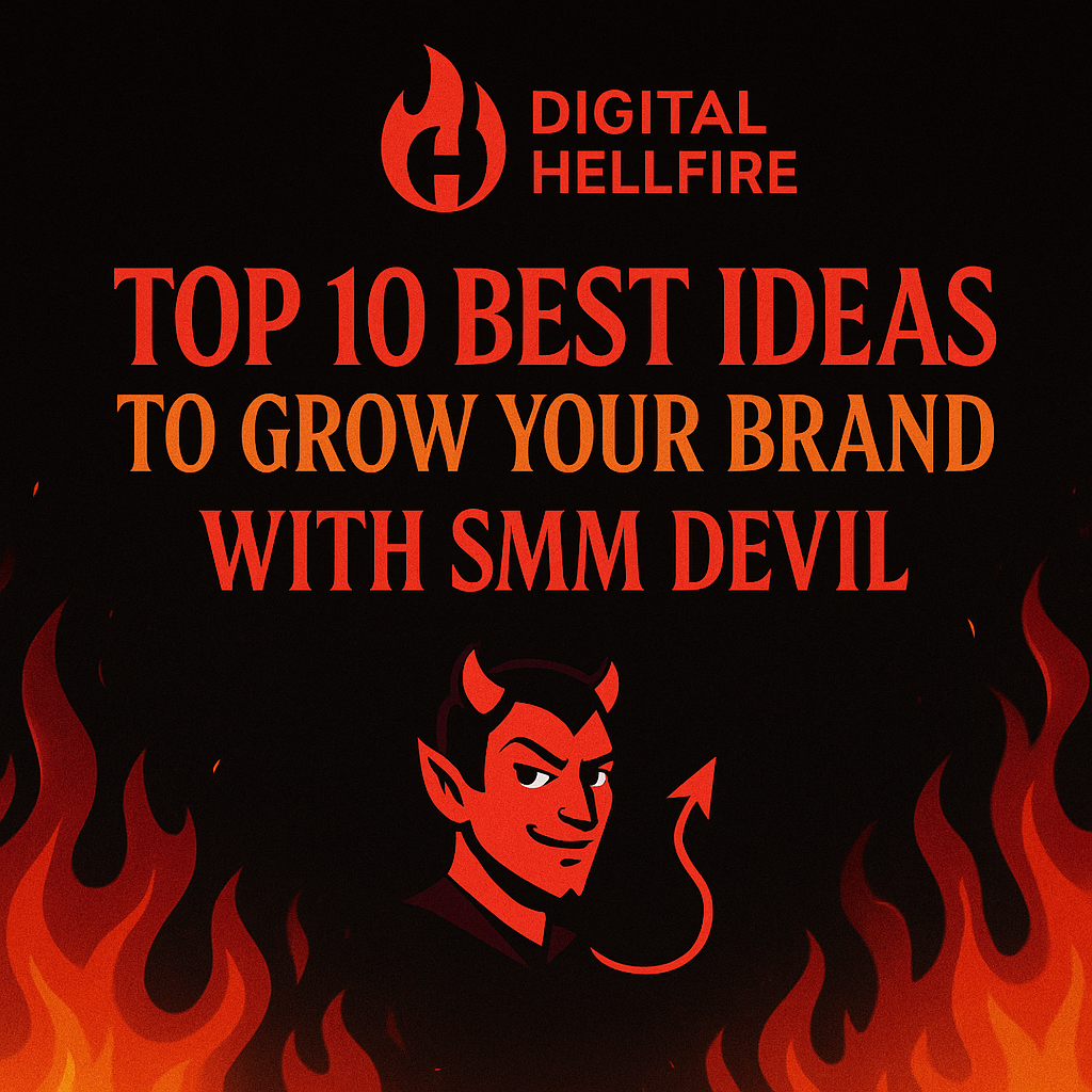 Top 10 Best Ideas to Grow Your Brand with SMMDevil Promotional graphic for 'Top 10 Best Ideas to Grow Your Brand with SMM Devil' featuring a devil mascot, fiery flames, and bold red-orange text on a dark background with the title 'Digital Hellfire' at the top