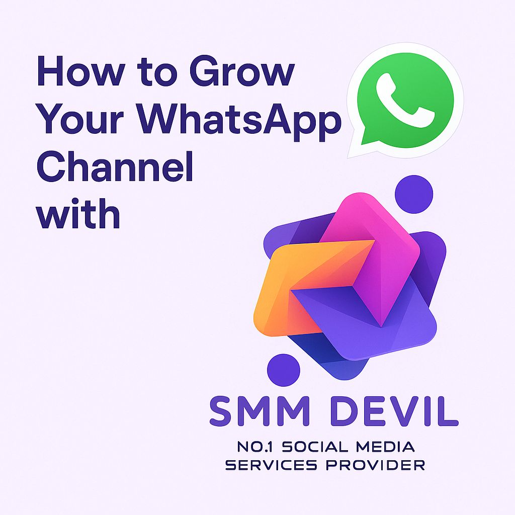 Promotional graphic for growing a WhatsApp Channel with SMM Devil, featuring a muscular red devil holding a smartphone showing 'The Hell Circle' channel, a glowing green WhatsApp logo, bold white headline text, and a fiery background with a black 'Call to Action' button