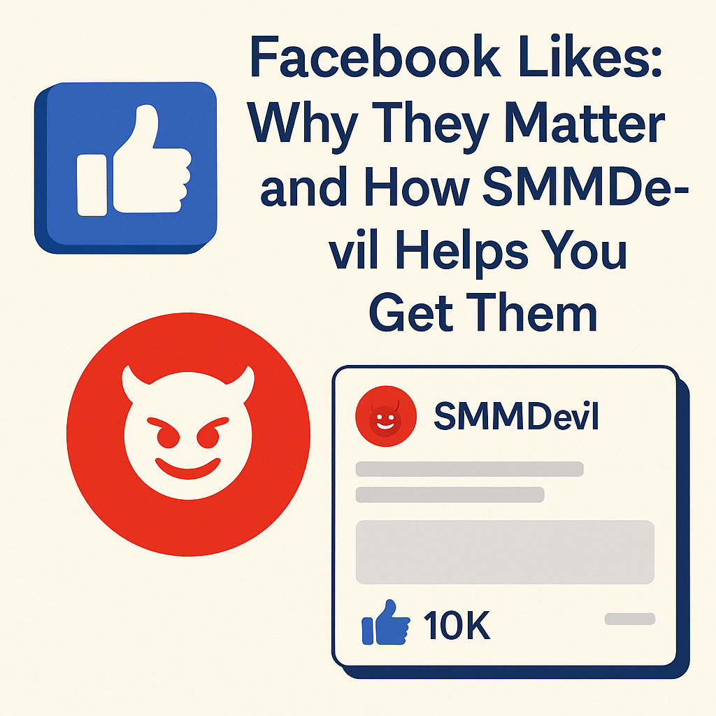 A 2D digital graphic promoting SMMDevil’s Facebook Likes service. The image includes a Facebook