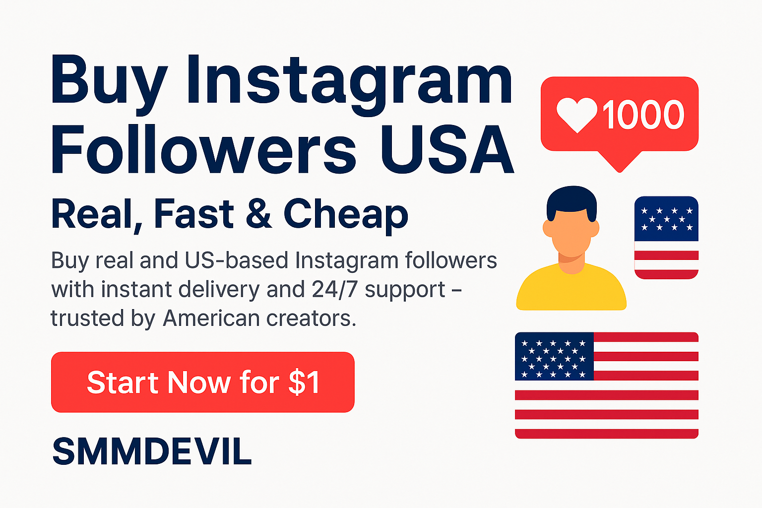 Promotional banner for buying Instagram followers in the USA featuring the American flag, Instagram logo, a mobile screen with rising followers, and icons for speed, trust, and security – branded with SMMDEVIL.