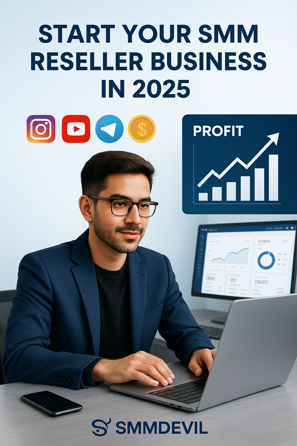 “Man in a navy blue blazer working on a laptop with charts on screen, text saying 'Start Your SMM Reseller Business in 2025', profit graph, and icons of Instagram, YouTube, Telegram, and money, branded with SMMDEVIL logo.”