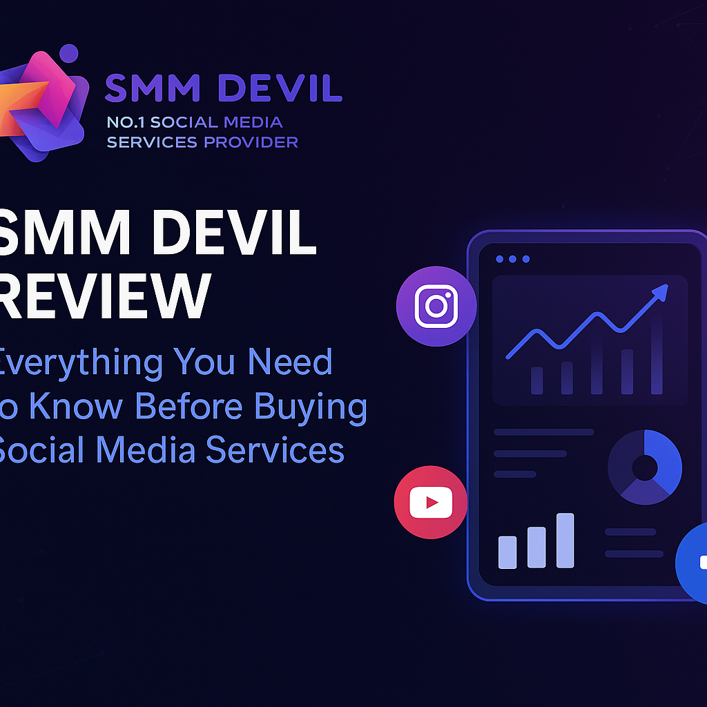 A digital promotional banner for SMM Devil featuring their logo and the headline 'SMM Devil Review: Everything You Need to Know Before Buying Social Media Services.' The design includes analytics graphics, Instagram, YouTube, and Facebook icons on a dark gradient background, highlighting social media growth tools