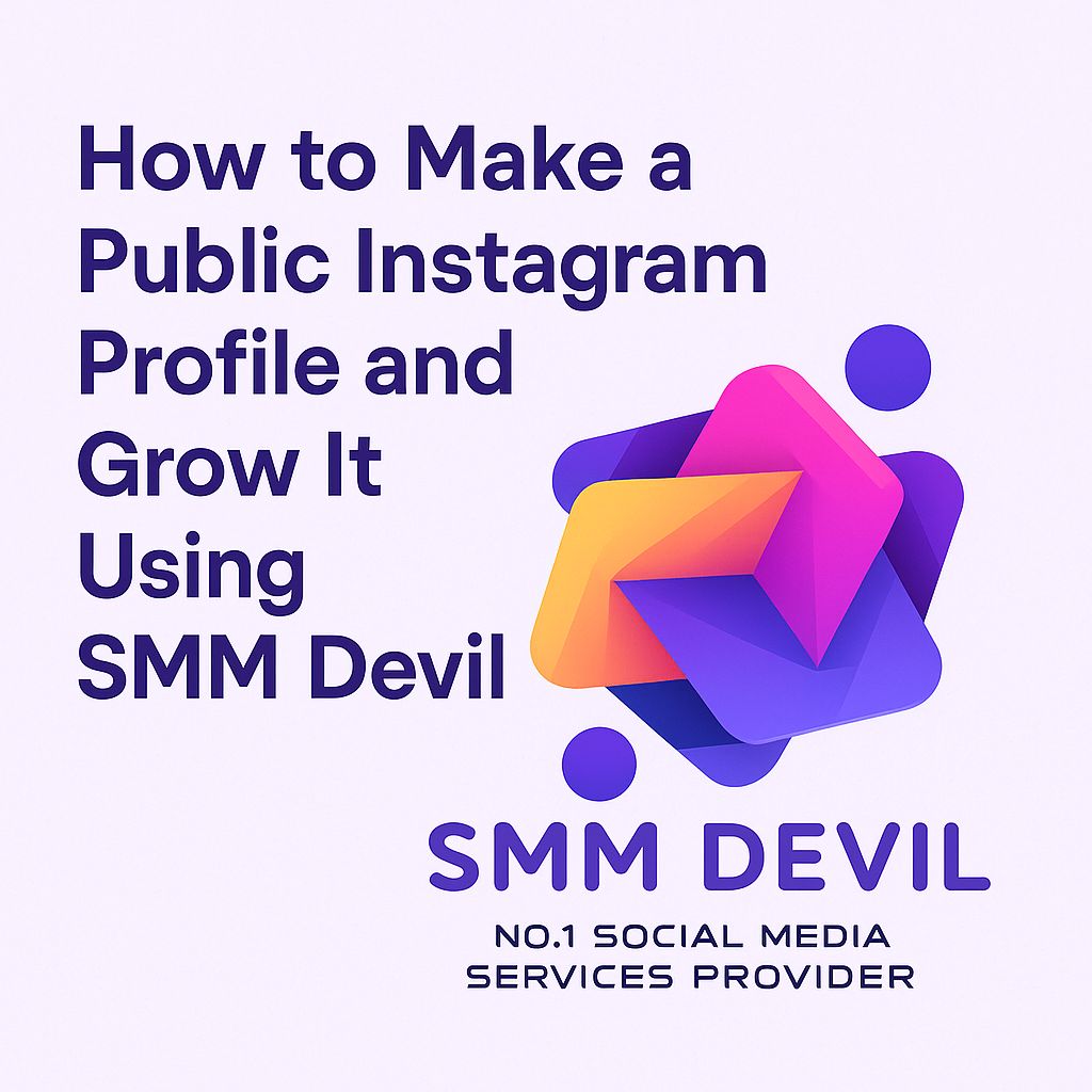 How to Grow Instagram Profile and Grow It Using SMM DEVIL Fiery digital illustration titled 'How to Make a Public Instagram Profile and Grow It Using SMM Devil,' featuring a muscular red devil character holding a smartphone displaying a public Instagram profile, with the Instagram logo rising from flames on the left side and bold text above