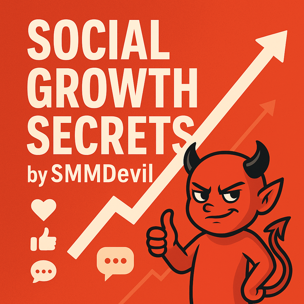 Social Growth Secrets by SMMDevil Illustration with the title 'Social Growth Secrets by SMMDevil' on an orange background, featuring a cartoon red devil giving a thumbs-up, rising white arrow symbolizing growth, and social media icons like heart, thumbs up, and chat bubble.