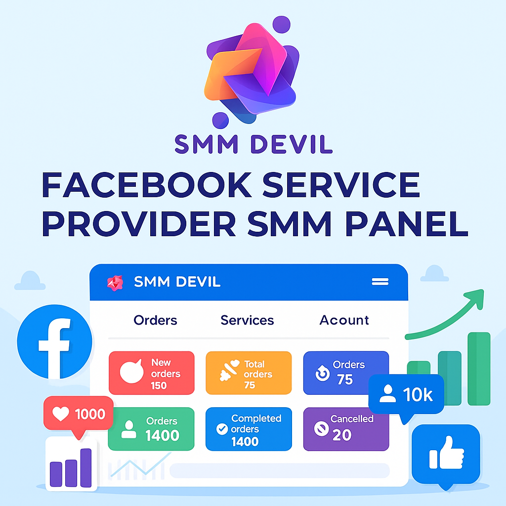 Facebook Service Provider SMM Panel – Boost Your Growth with SMMDEVIL Promotional image for SMMDEVIL showcasing its Facebook Service Provider SMM Panel. The graphic features the SMMDEVIL logo at the top, a dashboard interface with order statistics (new orders, completed orders, likes, followers), Facebook icons, and visual charts indicating growth.