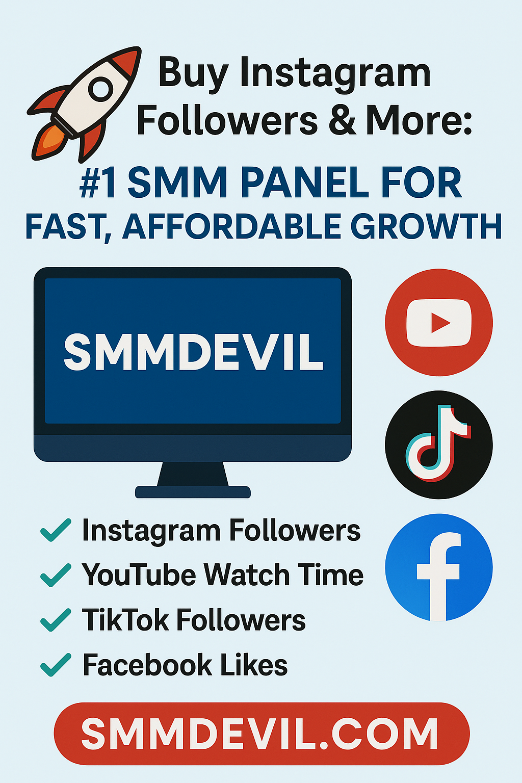Promotional banner for SMMDEVIL featuring a rocket icon and a computer screen displaying the brand name. Text highlights SMMDEVIL as the #1 SMM panel for fast, affordable growth. Service icons for YouTube, TikTok, and Facebook appear beside a checklist of offerings: Instagram followers, YouTube watch time, TikTok followers, and Facebook likes. A bold red button at the bottom shows the website URL: SMMDEVIL.COM.