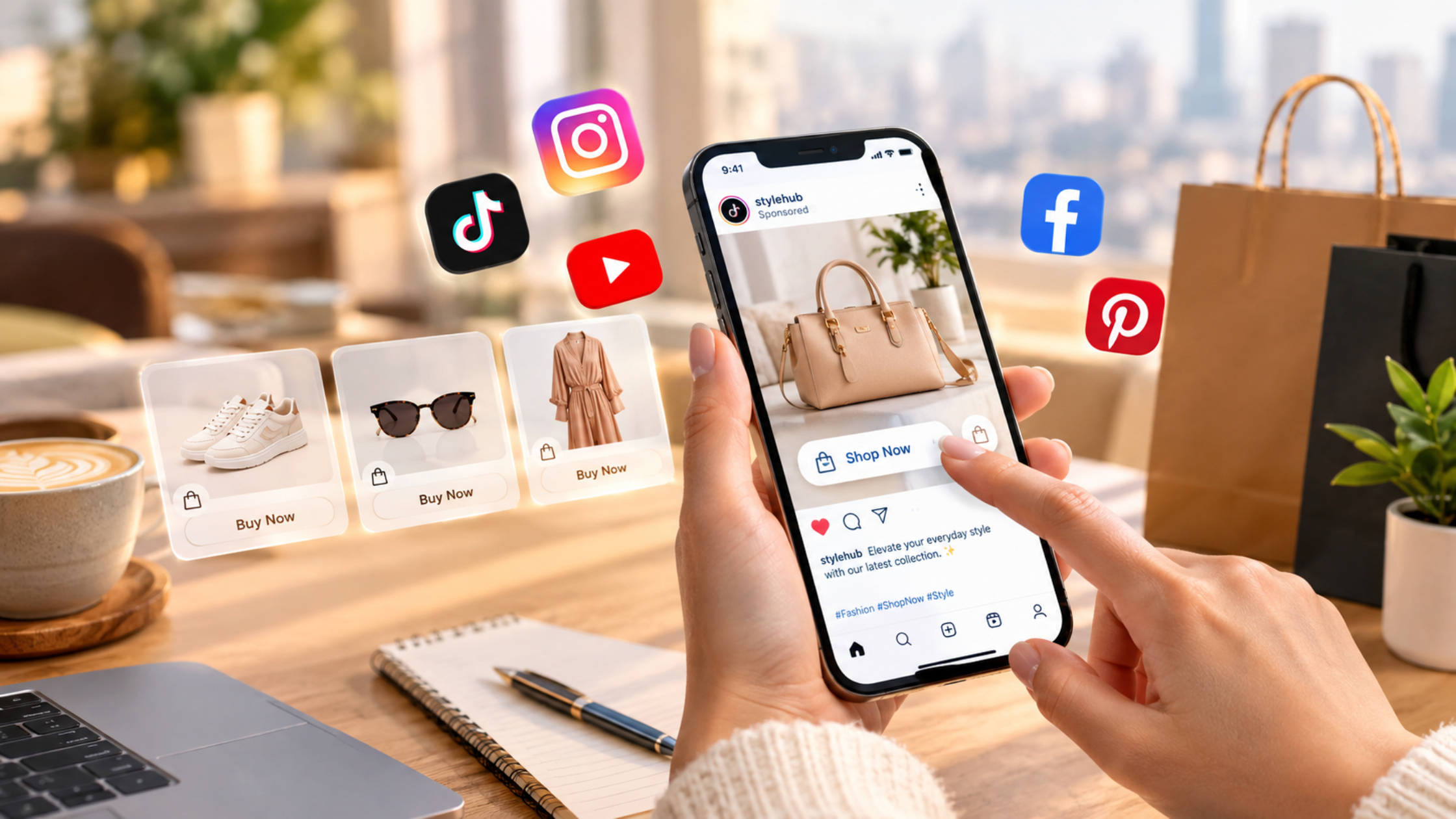 Social Commerce 2026 showing customers buying products directly through TikTok Shop, Instagram Shopping, and Facebook Social Commerce