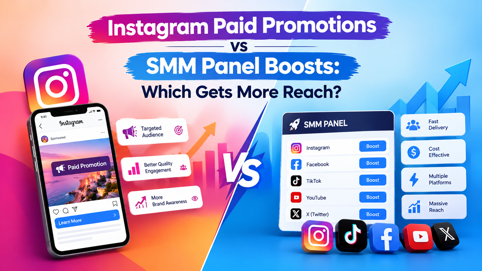 Instagram paid promotions vs SMM panel boosts comparison showing Instagram growth analytics, audience reach, engagement metrics, and social media marketing strategy in 2026