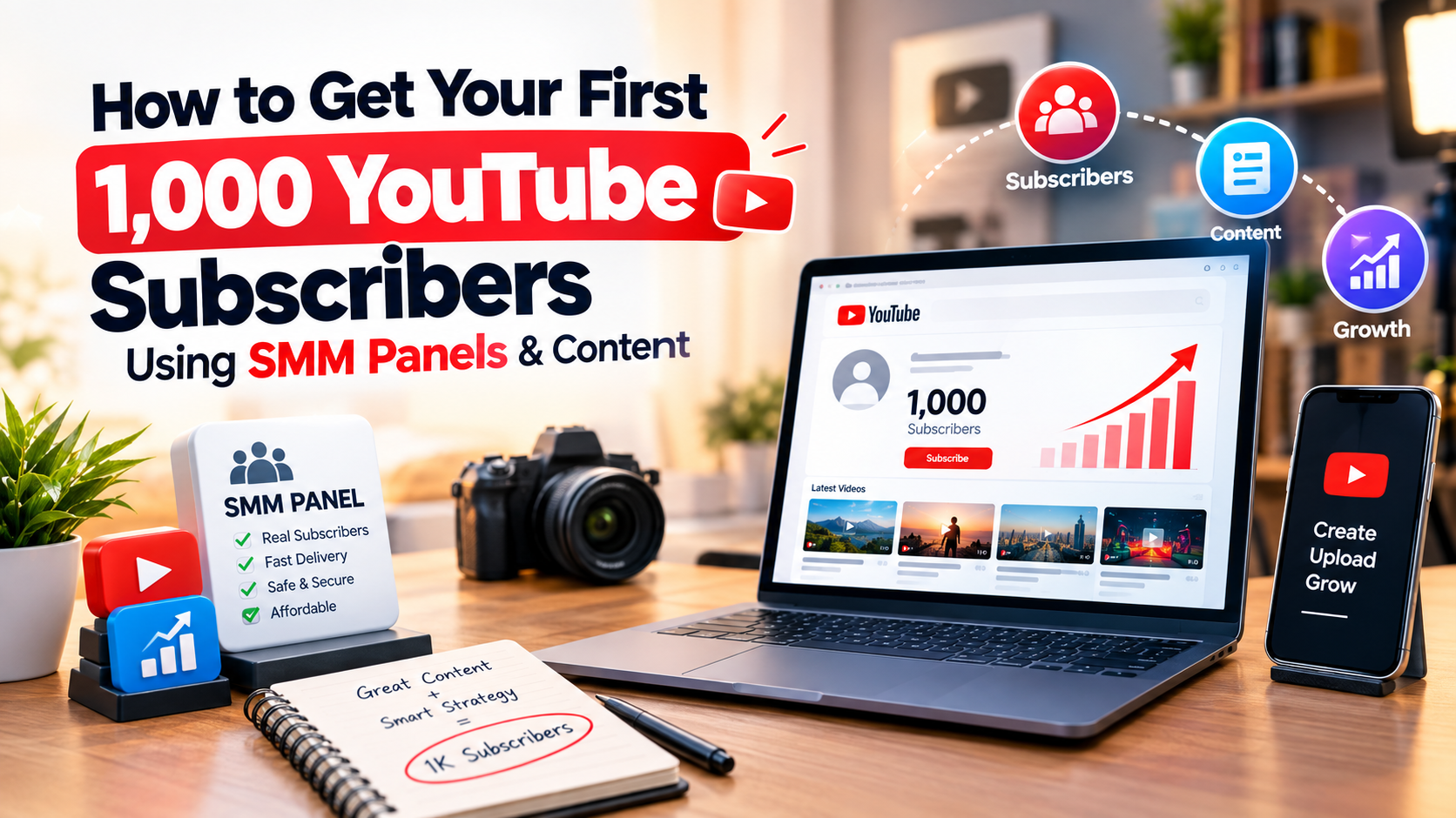 Creator growing a YouTube channel to 1,000 subscribers using content marketing, YouTube SEO, Shorts strategy, SMM Panel Services, and social media growth tools in 2026