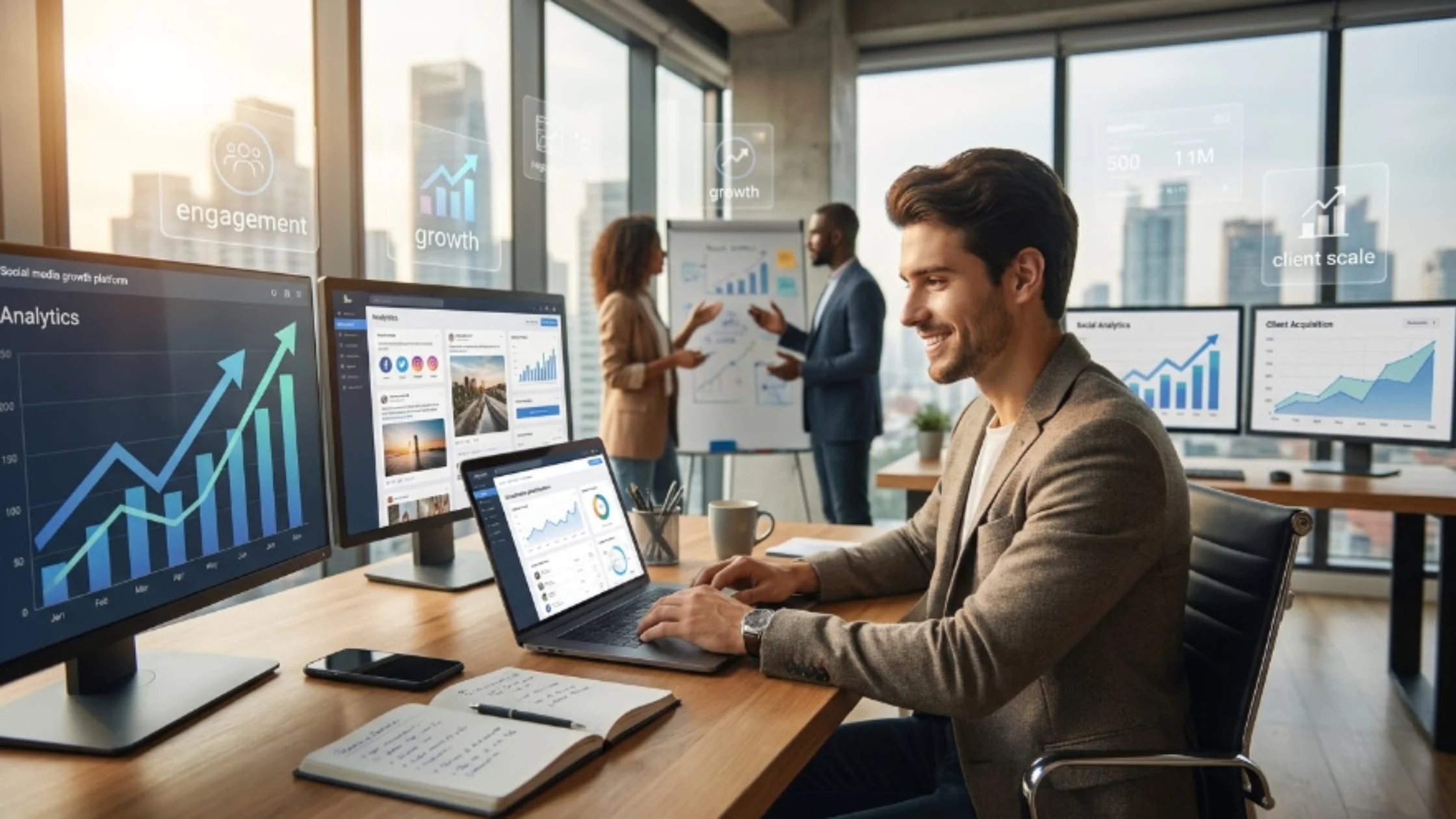 Entrepreneur building a social media marketing agency using SMM panel services, reseller panel tools, analytics dashboards, and digital marketing strategies in 2026.
