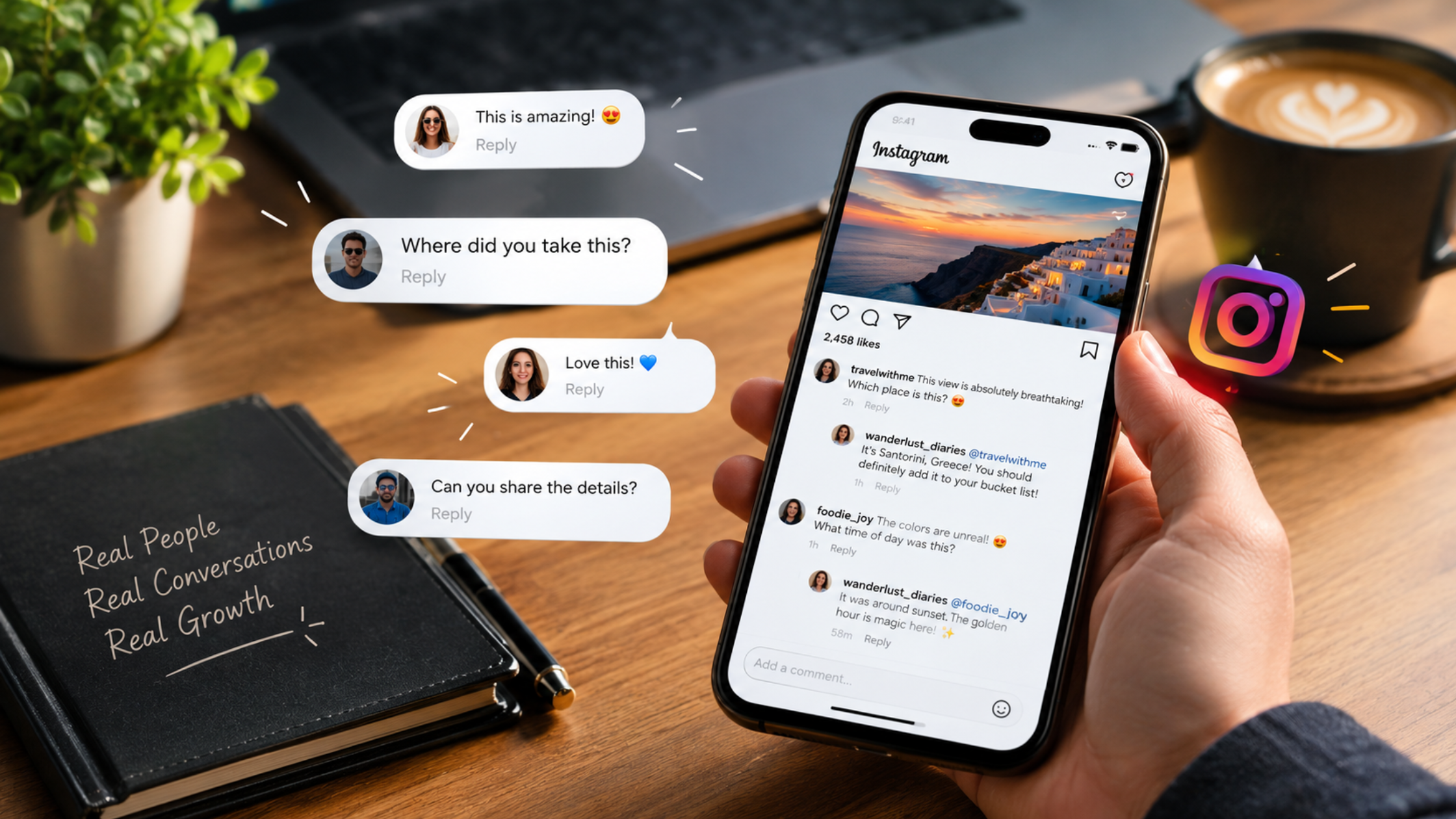 Two phones connected by a long thread of speech bubbles representing Instagram conversations